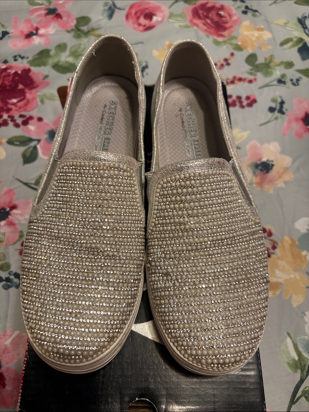 Skechers Pearl & Rhinestone Slip-On Mules in Gold